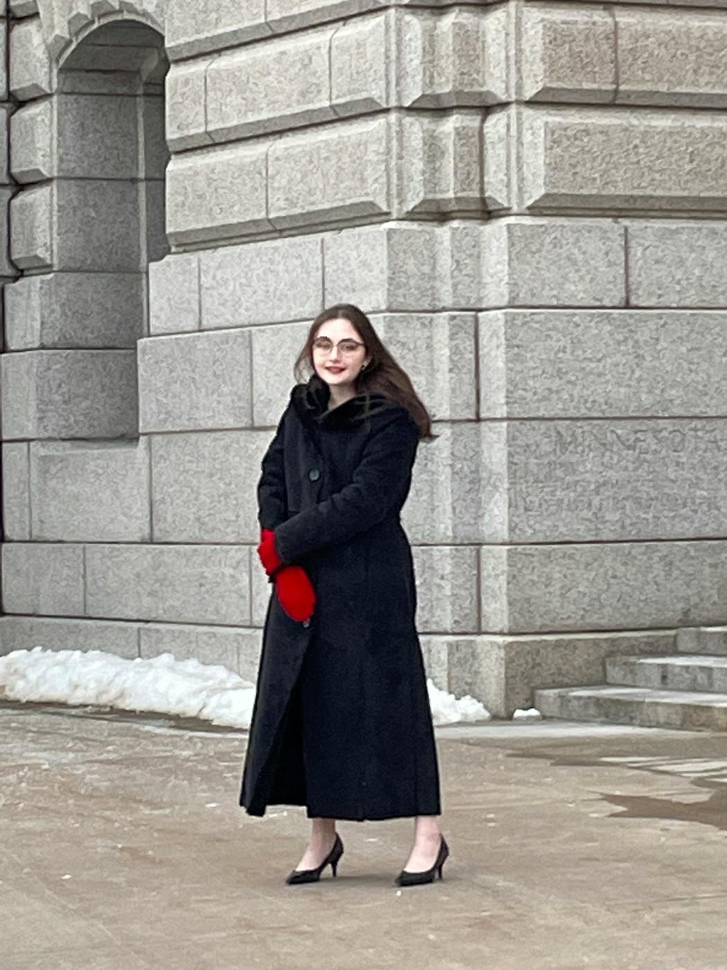 Amara Strande stands outside the Minnesota Capitol on Jan. 24, 2023. 
