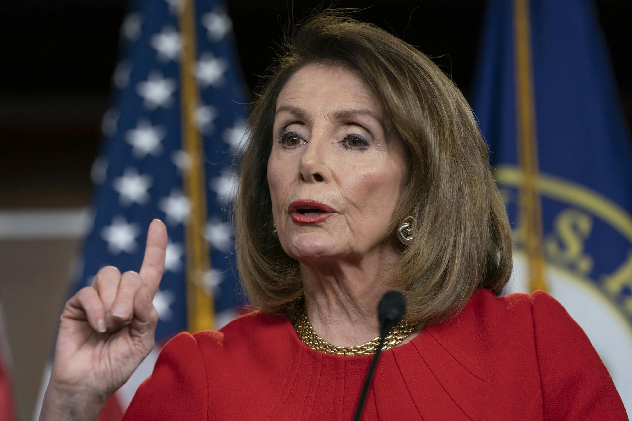 FILE - In this April 4, 2019 file photo, Speaker of the House Nancy Pelosi, D-Calif., speaks during a news conference on Capitol Hill in Washington.