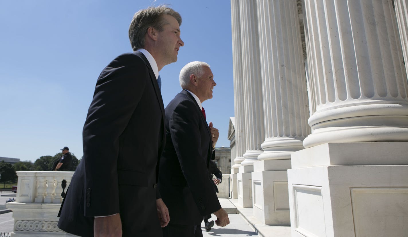 Vice President Mike Pence and Judge Brett Kavanaugh, the Supreme Court nominee, arrive at the U.S. Capitol in Washington, July 10, 2018. (Lawrence Jackson/The New York Times)