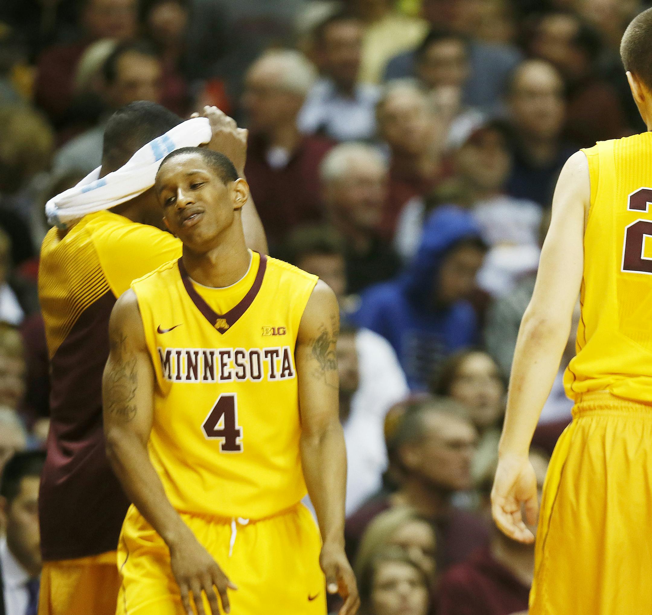 A dejected Minnesota Gophers guard DeAndre Mathieu (4) reacted after the officials ruled that time had expired before he got the last shot off Tuesday at Williams arena January 13, 2015 Minneapolis, MN.] Iowa beat Minnesota 77-75 in Big Ten action Tuesday night at Williams Arena.] Jerry Holt/ Jerry.Holt@Startribune.com