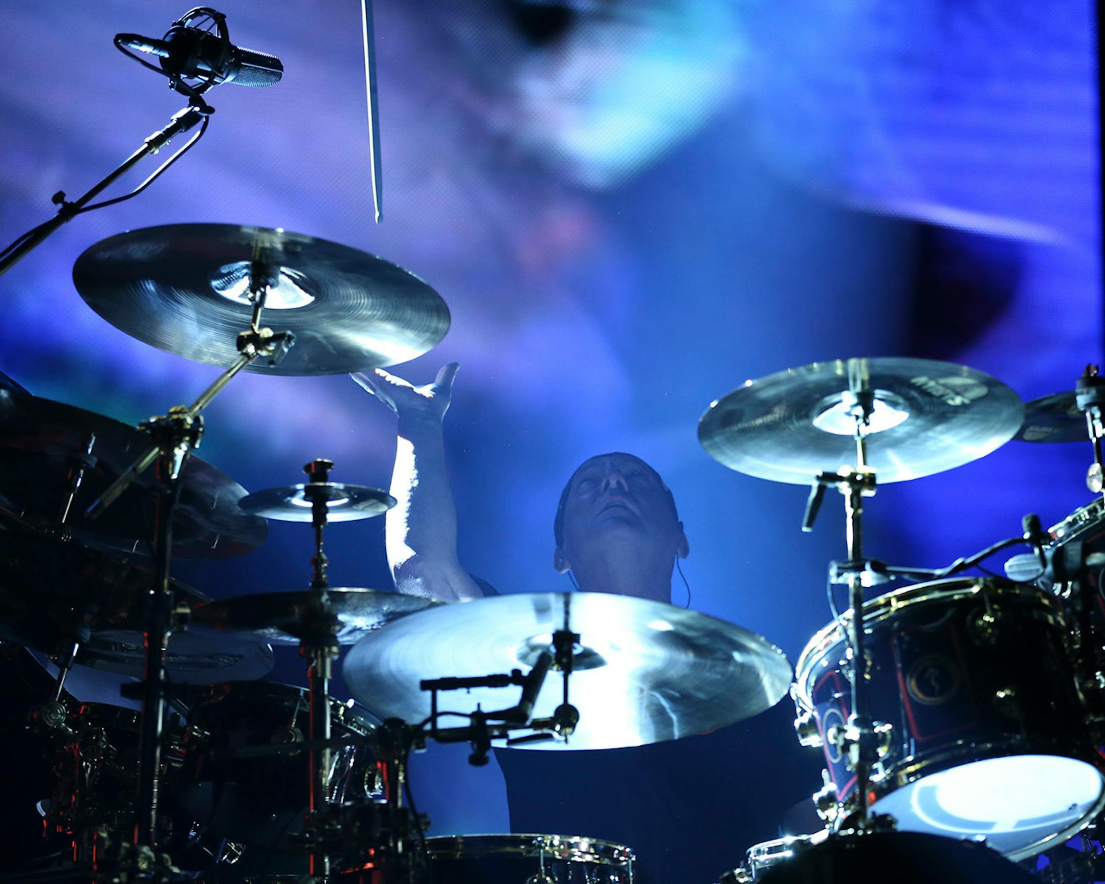 Rush drummer Neil Peart caught a stick after tossing it in the air early in their first set Tuesday night. ] JEFF WHEELER ï jeff.wheeler@startribune.com Canadian rock gods Rush performed at Xcel Energy Center in St. Paul, Tuesday night, May 12, 2015.