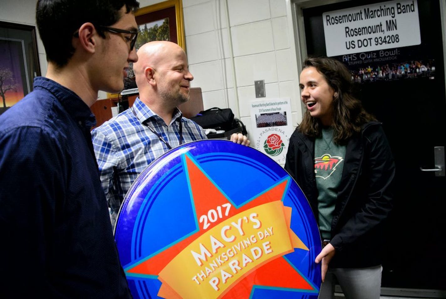 One of Rosemount's four drum majors, Isabel Edgar told band leader Ben Harloff that she had tears streaming down her face Tuesday when she heard they were going to the 2017 Macy's Thanksgiving Day parade. On the left is another drum major Adam Shew.