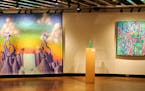 Kenny Scharf used oil and spray paint on canvas to create 1983's "Agua Pollination," left, and 2017 "Jungle Gym," on display at the Hillstrom Museum o