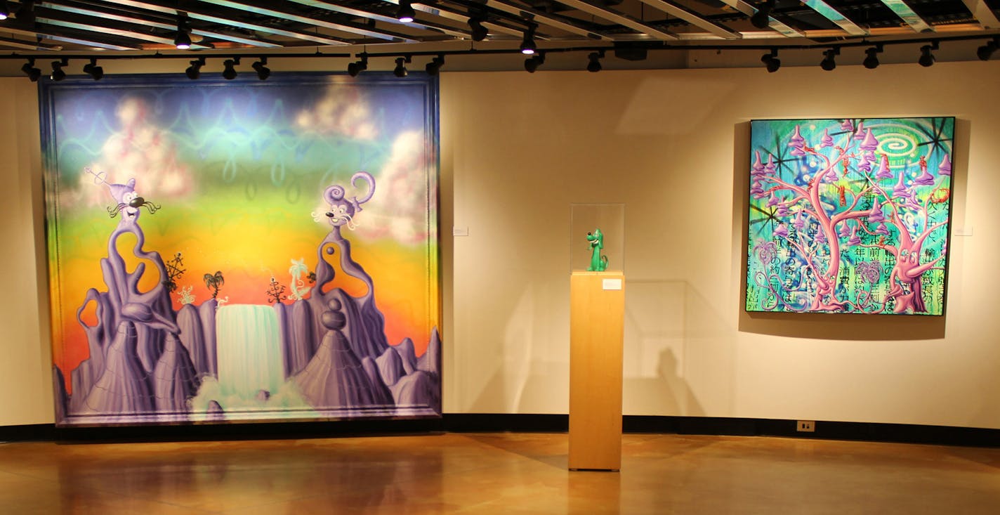 Kenny Scharf used oil and spray paint on canvas to create 1983's "Agua Pollination," left, and 2017 "Jungle Gym," on display at the Hillstrom Museum of Art at Gustavus Adolphus College.