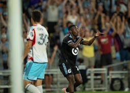Minnesota United forward Bongokuhle Hlongwane (21) celebrated after his first goal on Chicago Fire goalkeeper Spencer Richey in the second half.