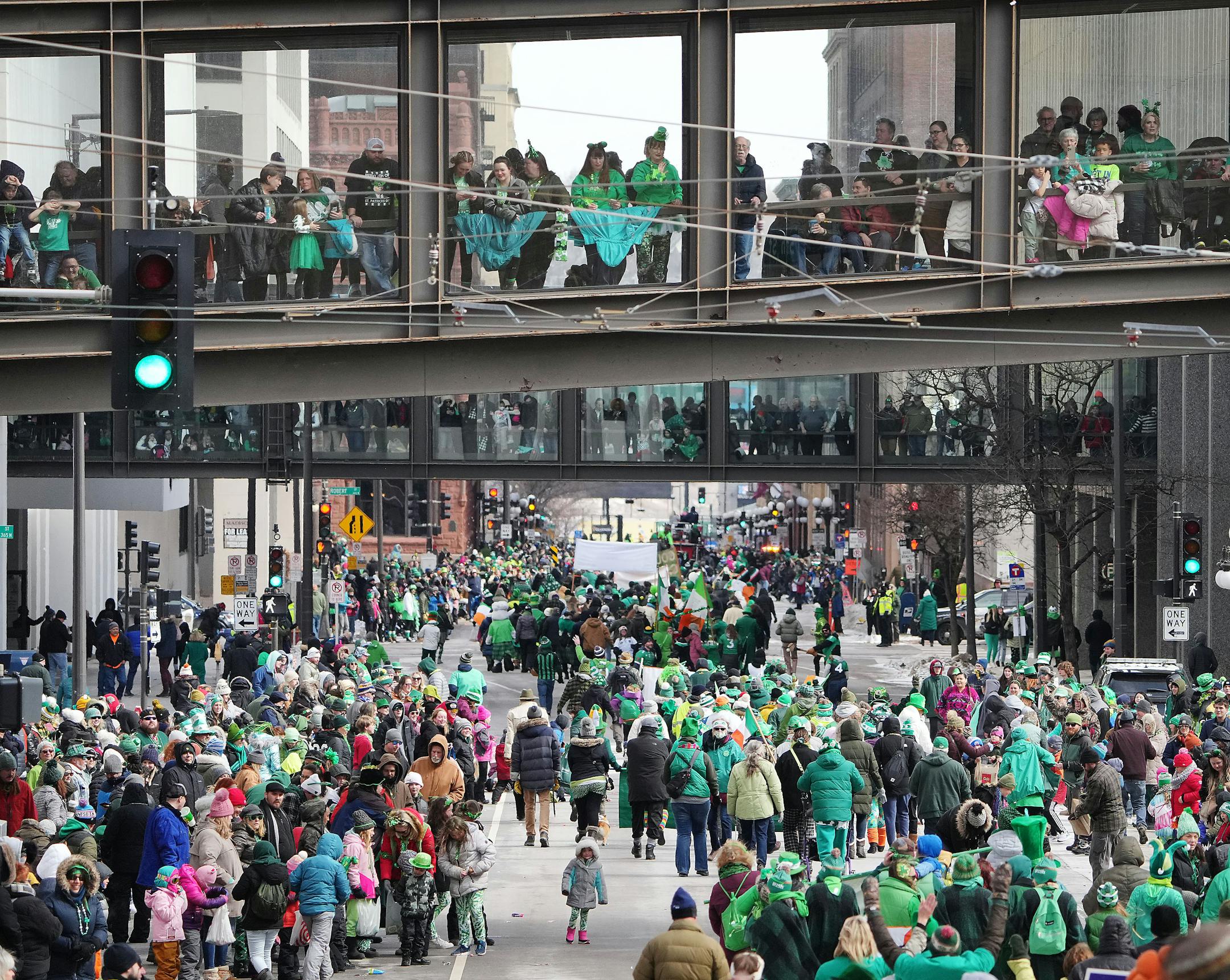 The skyways were jam packed with parade goers trying to stay warm while watching St. Paul's St. Patrick's Day parade.