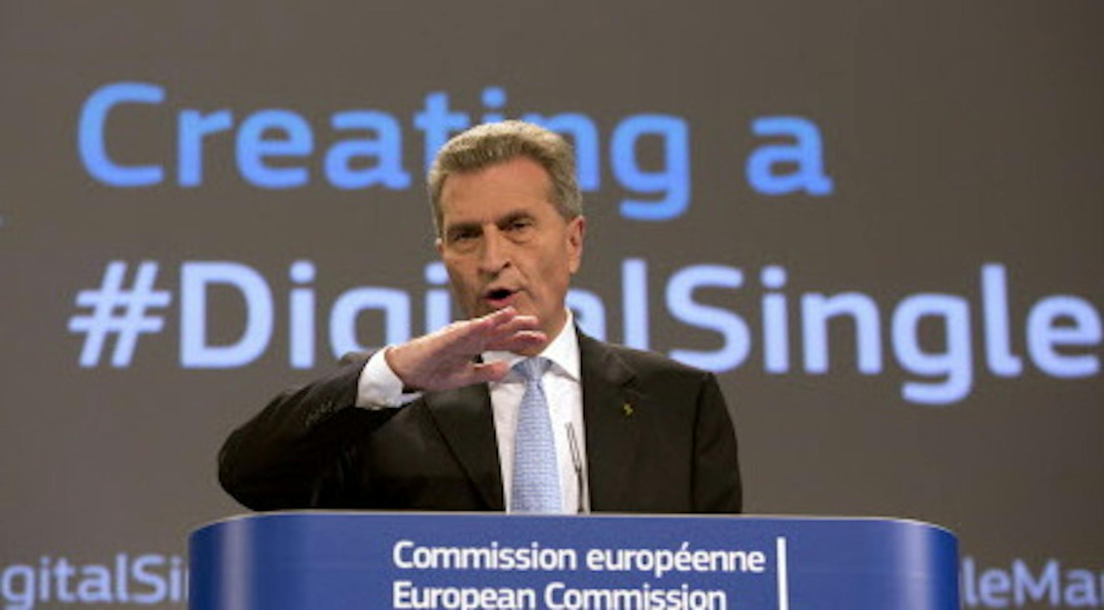 European Commissioner for Digital Economy Guenther Oettinger speaks during a media conference at EU headquarters in Brussels on Wednesday, May 6, 2015. The EU on Wednesday announced a strategy push to make the continent more relevant on the digital marketplace which is currently dominated by U.S. companies. (AP Photo/Virginia Mayo)