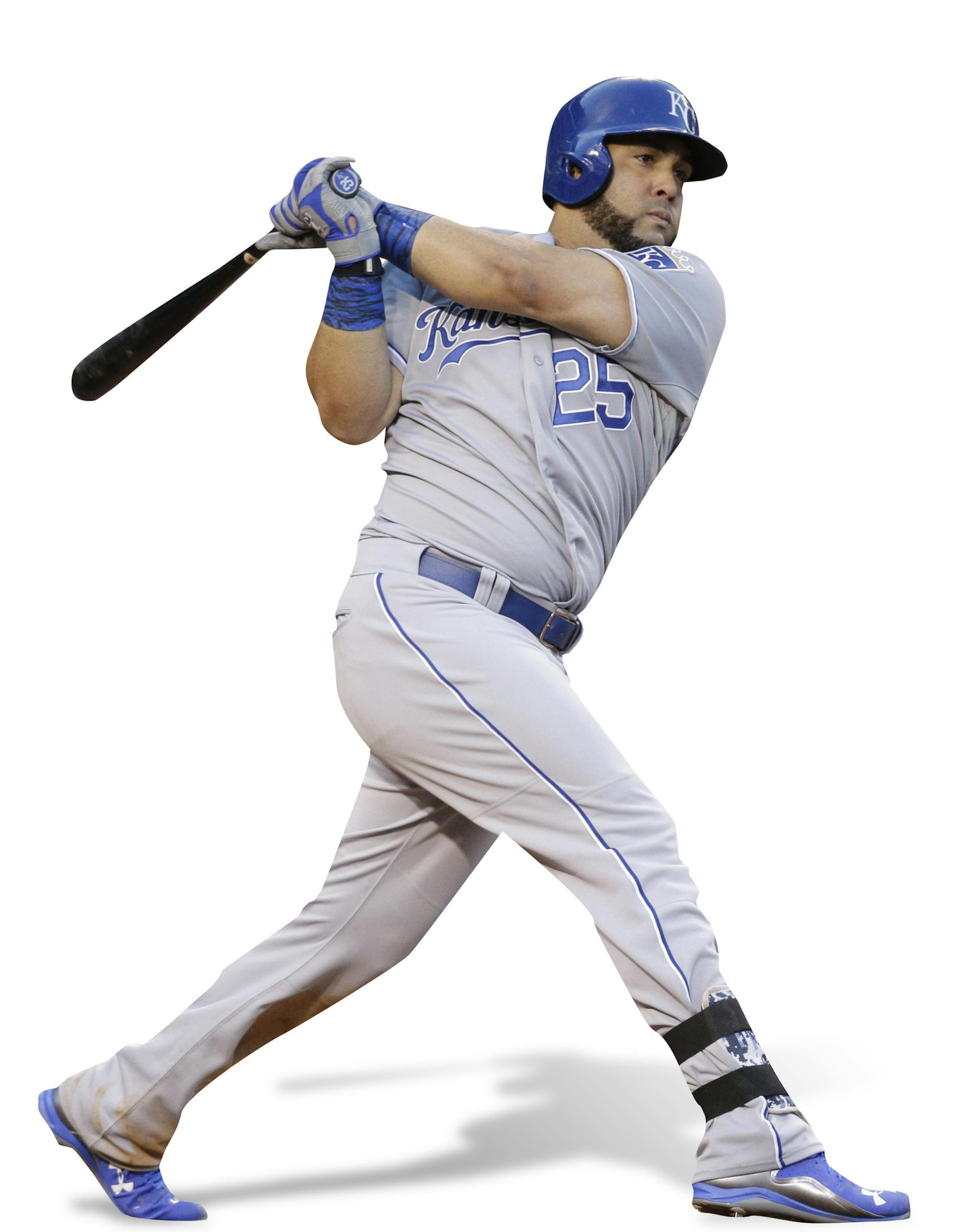 Kansas City Royals' Kendrys Morales hits a double during the fourth inning of a baseball game against the Los Angeles Angels, Saturday, April 11, 2015, in Anaheim, Calif. (AP Photo/Jae C. Hong) ORG XMIT: MIN2015041218110332