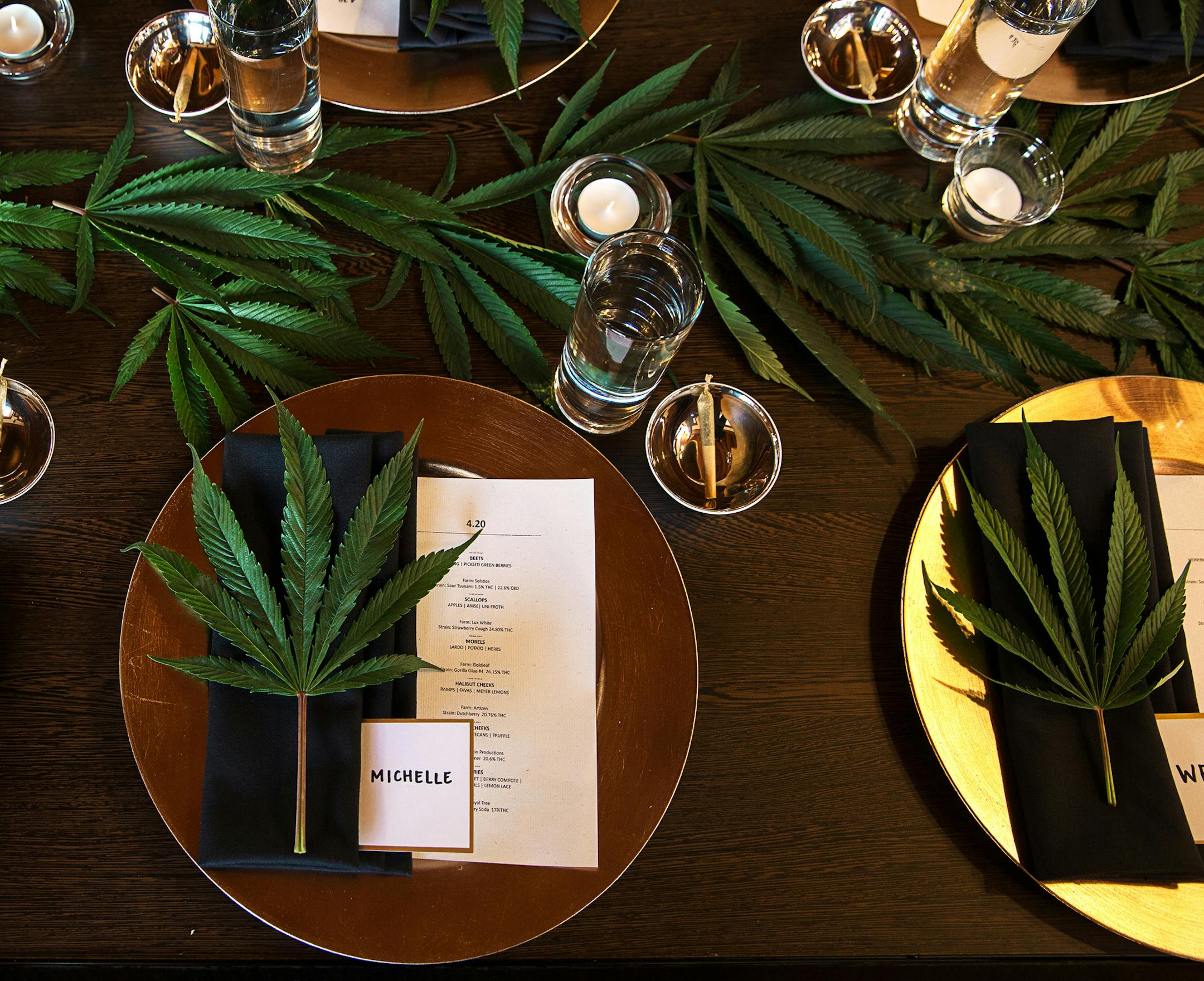 In a photo provided by Amber Fouts, Derek Simcik, the executive chef at The Thompson Seattle, prepared place settings for his seven-course, cannabis-inspired dinner in Seattle. As states continue to legalize, cannabis-based edibles and spa treatments are available for your next visit to a luxury hotel or resort. (Amber Fouts via The New York Times) -- NO SALES; FOR EDITORIAL USE ONLY WITH NYT STORY RESORTS CANNABIS BY SHIVANI VORA FOR SEPT. 09, 2018. ALL OTHER USE PROHIBITED. --