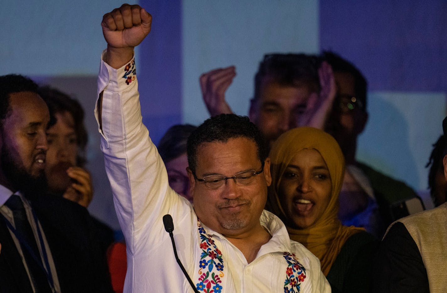 Minnesota Attorney General Keith Ellison, spoke to supporters with Congress woman Ilhan Omar at his side early Wednesday morning at the Intercontinental Hotel in St. Paul.,Minn. Wednesday November 8, 2022.