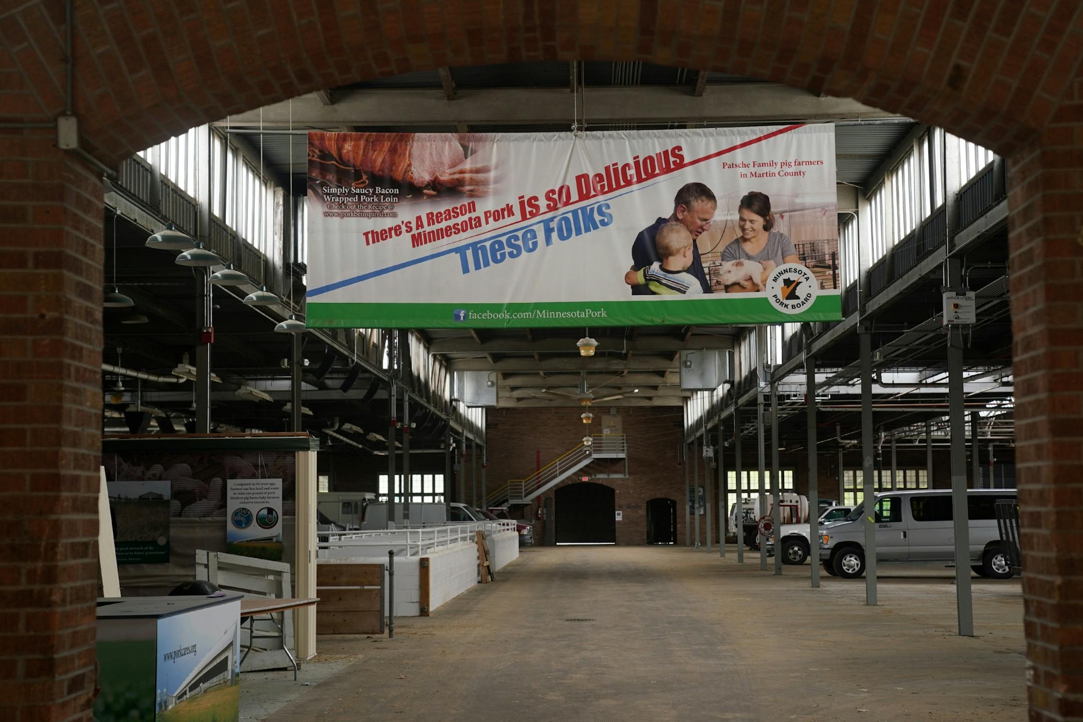 A banner from the Minnesota Pork Producers Association hung in the Robert A. Christensen Pavilion Thursday. Tens of thousands of pigs have been euthanized in Minnesota in recent weeks because of the shutdowns of meatpacking plants after outbreaks of coronavirus among workers.