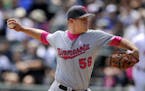 Minnesota Twins starter Tyler Duffey delivers a pitch during the first inning of a baseball game against the Chicago White Sox, Sunday, May 8, 2016, i