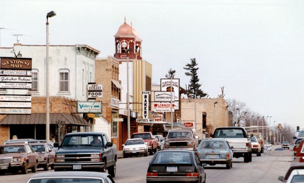 February 7, 1990 Residents of New Prague react to react events in Old Prague. View of New Prague looking from the West. Town's main street, St. Wences
