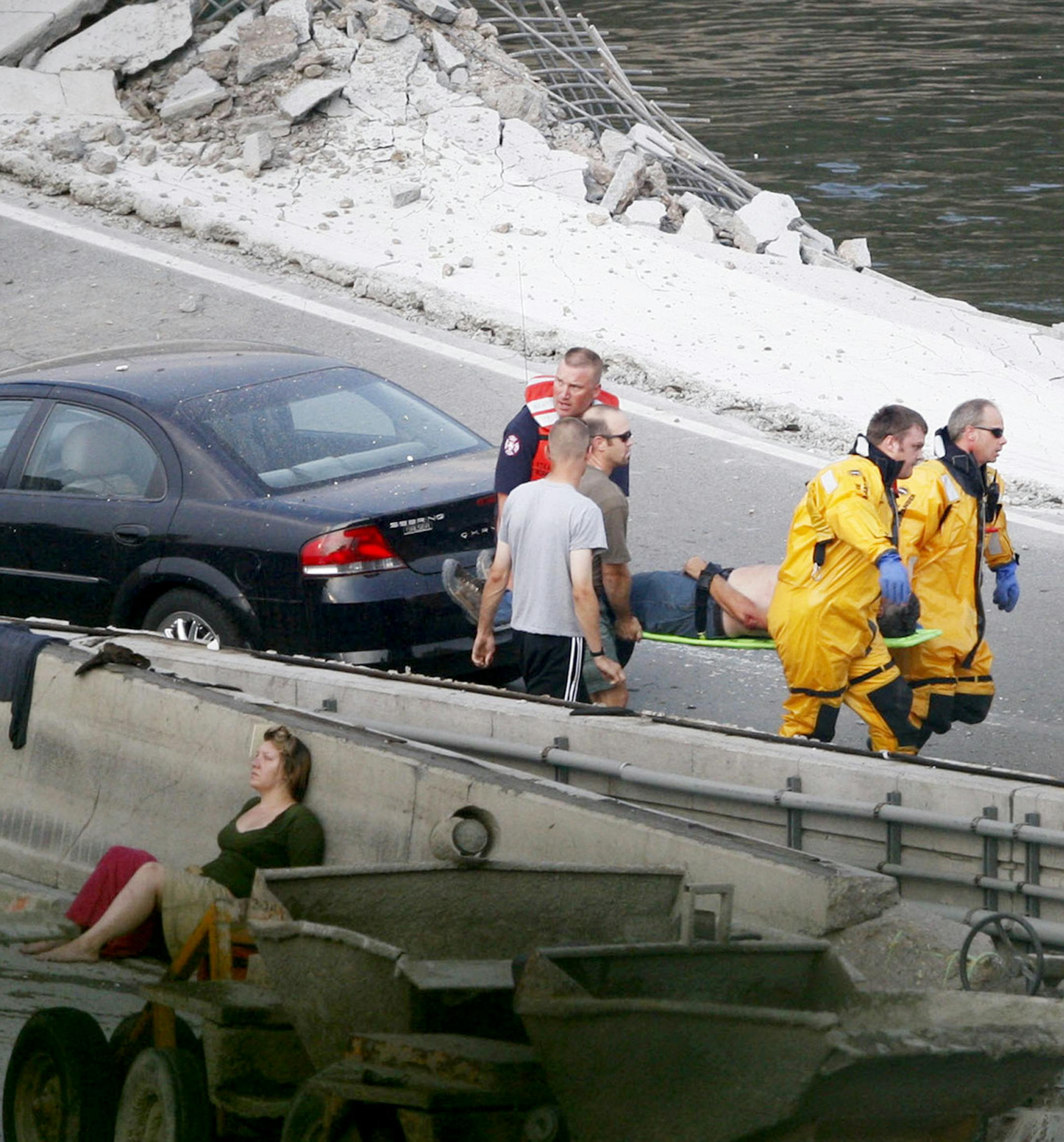 &#x201c;I have felt so guilty for being alive. I can&#x2019;t explain how I survived. Every fact about my story says I should be dead.&#x201d;
Lindsay Walz, above left, sitting on the collapsed I-35W bridge after being pulled from the river.