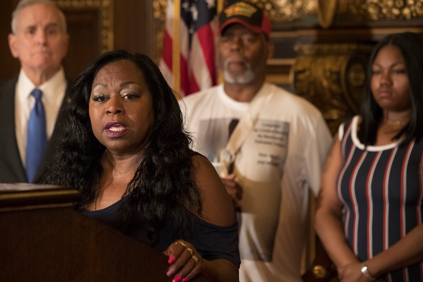 Valerie Castile, mother of Philando Castile, spoke during the news conference at the State Capitol where Gov. Mark Dayton proposed naming a $12 million law enforcement training fund in her son's memory.