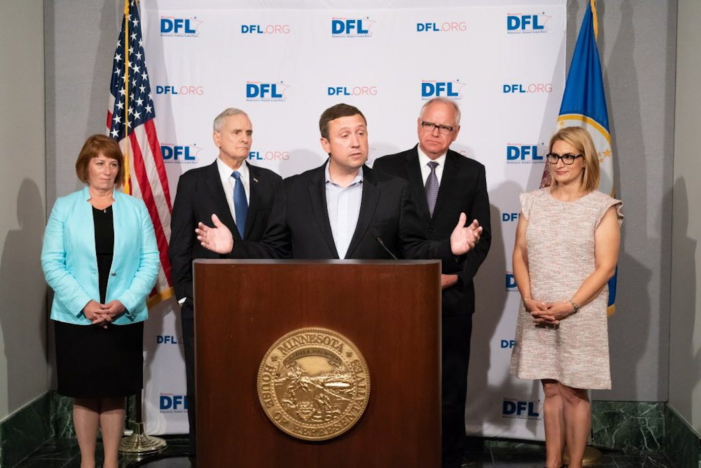 DFL Gubernatorial Candidate Tim Walz and his running mate Peggy Flanagan attended a DFL Unity press conference with Governor Mark Dayton and State Representative Erin Murphy. DFL Chair Ken Martin answered tough questions about how the party will handle issues regarding attorney general candidate Keith Ellison and former candidate for governor Lori Swanson.