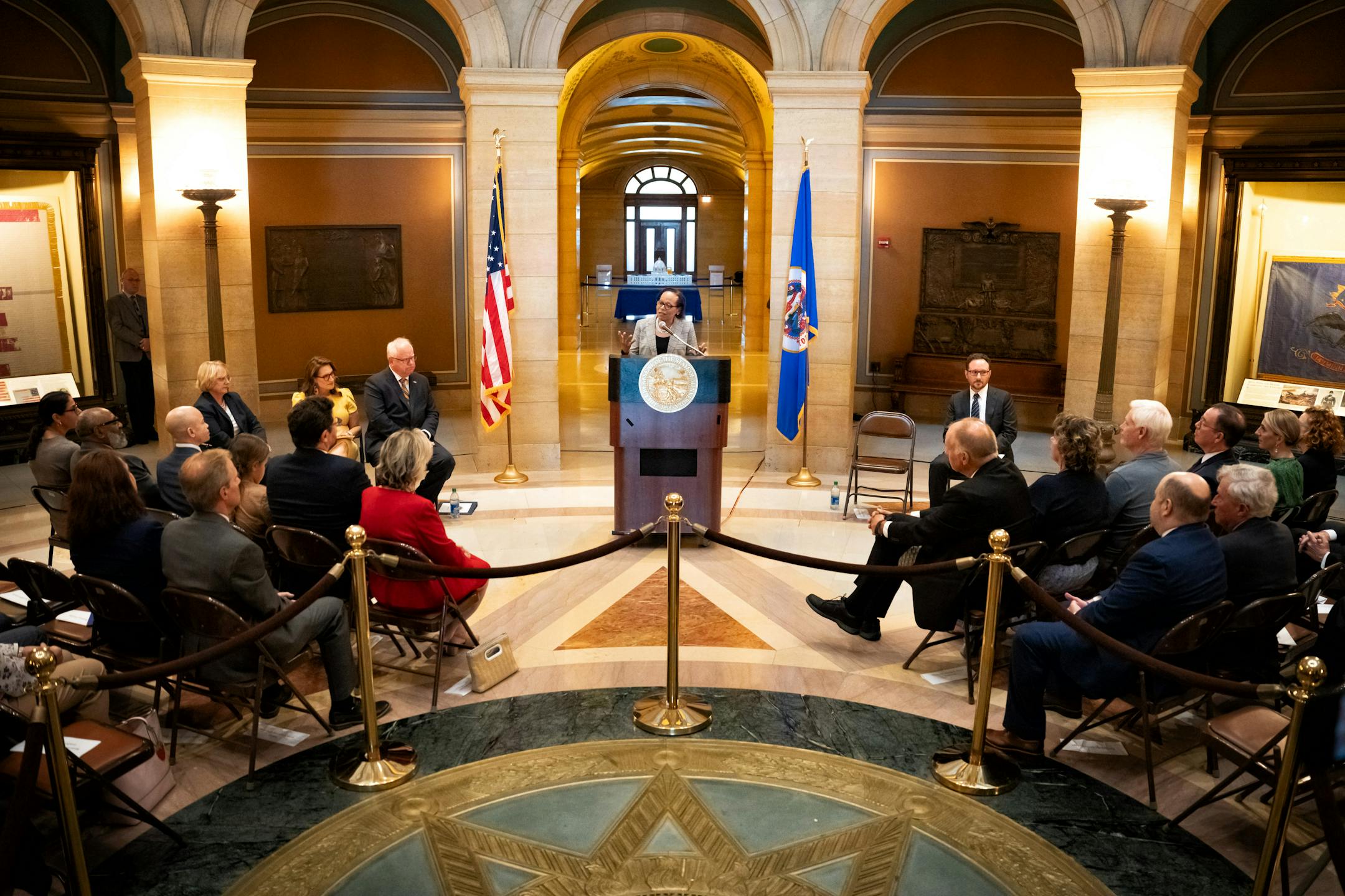 Gov. Tim Walz announced that Natalie Hudson, center, will become the new chief justice of the Minnesota Supreme Court and Karl Procaccini will become an associate justice.