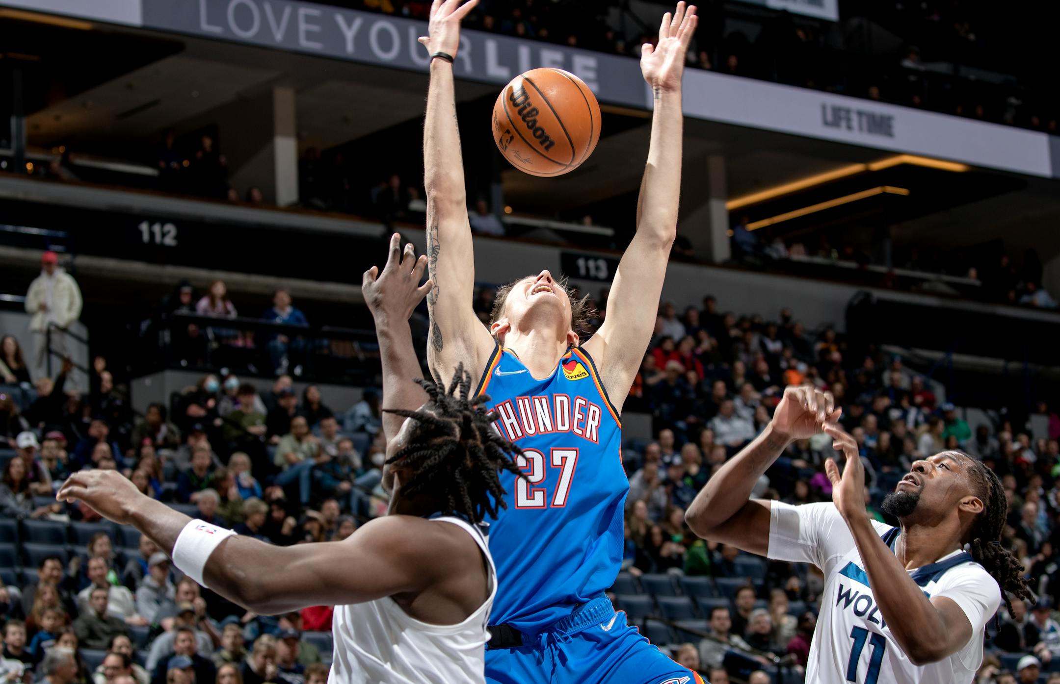 Vit Krejci (27) of the Oklahoma City Thunder is fouled in the fourth quarter .