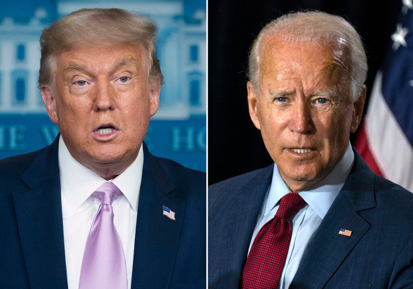 President Donald Trump, left, speaks at a news conference on Aug. 11, 2020, in Washington and Democratic presidential candidate former Vice President Joe Biden speaks in Wilmington, Del. on Aug. 13, 2020.