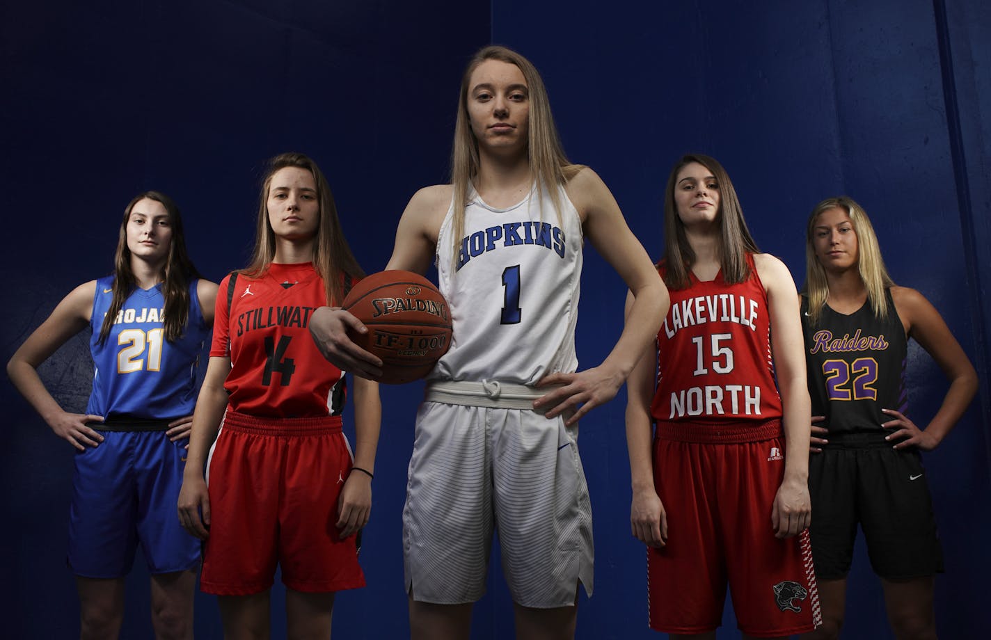 The Star Tribune's All-Metro Girls' Basketball Team. They are, from left, Kallie Theisen of Wayzata, Sara Scalia of Stillwater, Player of the Year Paige Bueckers of Hopkins, Lauren Jensen of Lakeville North, and Frannie Hottinger of Cretin-Derham Hall ] JEFF WHEELER &#x2022; jeff.wheeler@startribune.com The Star Tribune's All-Metro Girls' Basketball Team was photographed Sunday afternoon, March 9, 2019 at the Lindbergh Center in Minnetonka.