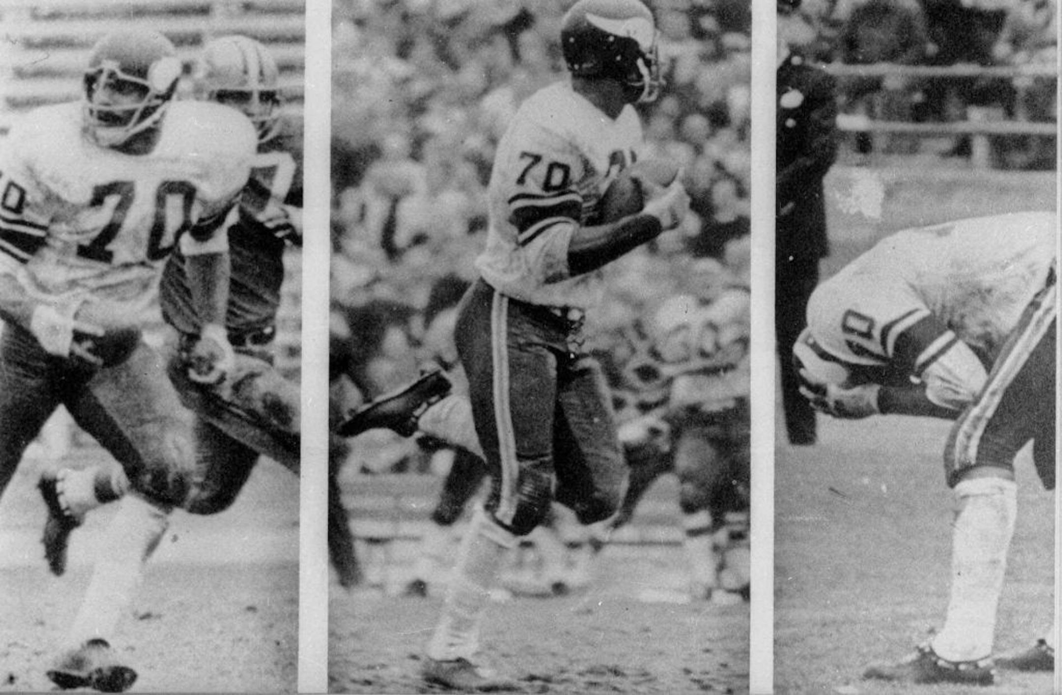 SPECIAL TO MINNEAPOLIS STAR TRIBUNE-FILE--Jim Marshal (70) Minnesota defensive end, scoops up a San Francisco fumble, and runs 60-yards the wrong way Oct.25, into his own end zone during fourth quarter of game at San Francisco. At right, he reacts after learning of wrong way run. Despite the touchdown, the Vikings beat the 49ers 27-22.