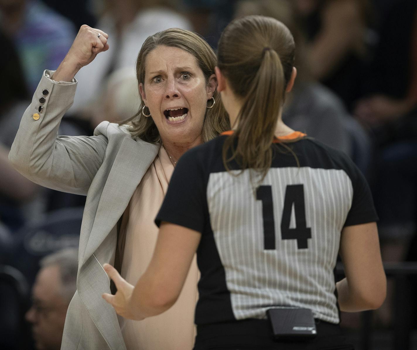 Lynx head coach Cheryl Reeve disagreed with a call at Target Center Sunday July,14 2019 in Minneapolis, MN.] The Minnesota Lynx hosted the Phoenix Mercury at Target Center. Jerry Holt &#x2022; Jerry.holt@startribune.com