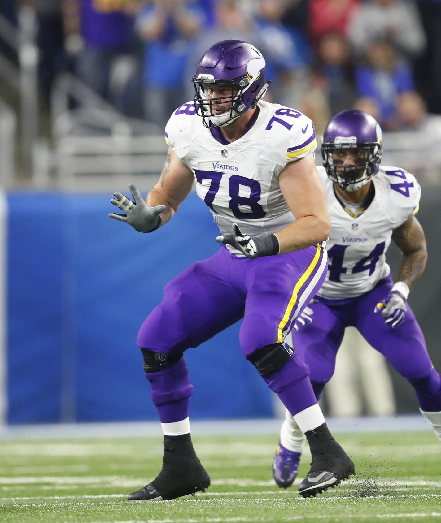 Minnesota Vikings offensive tackle Jeremiah Sirles blocks during the first half of an NFL football game against the Detroit Lions, Thursday, Nov. 24, 2016 in Detroit. (AP Photo/Paul Sancya) ORG XMIT: otkco174