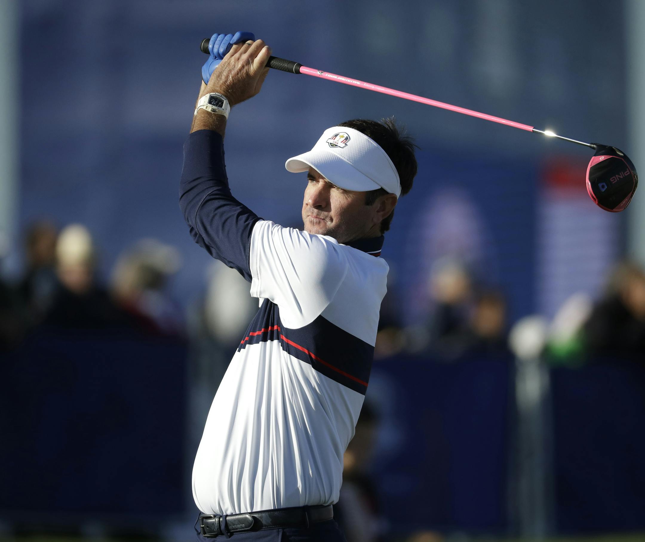 Bubba Watson played a shot on the driving range before a practice round at Le Golf National in Guyancourt, outside of Paris, on Tuesday.