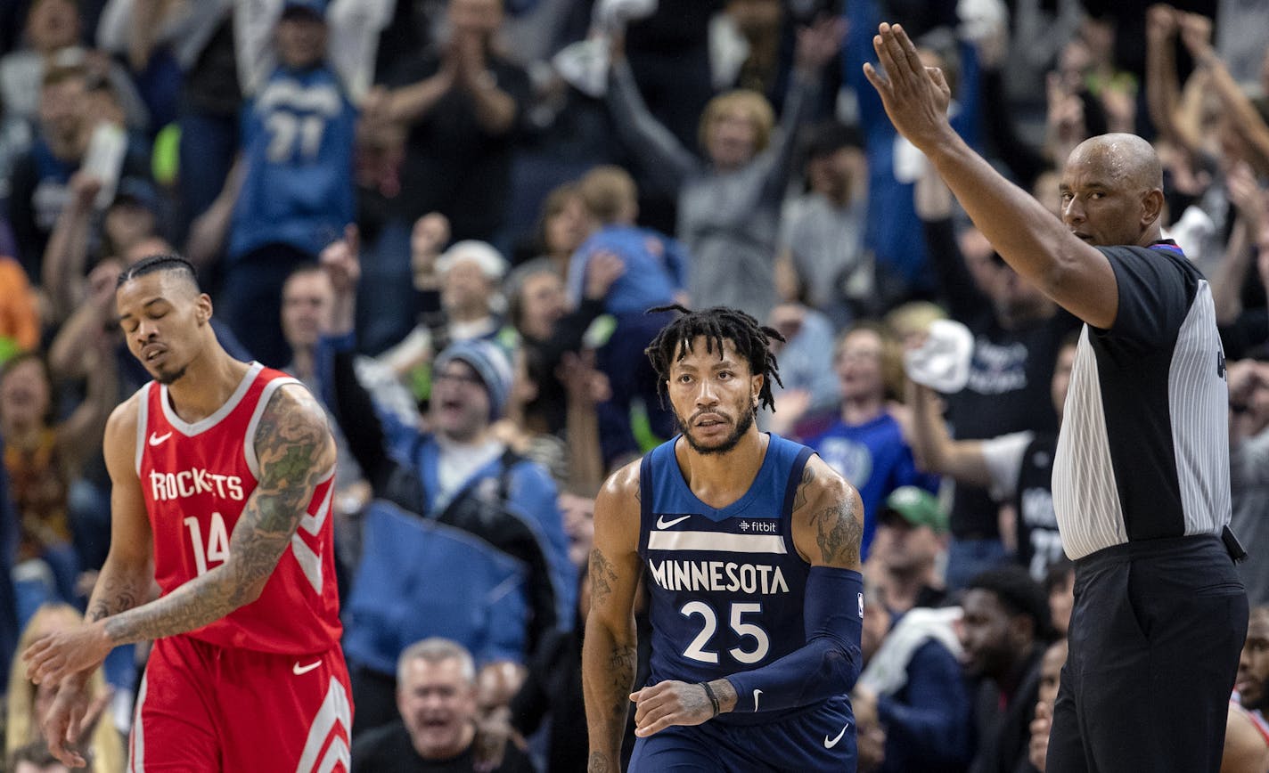 Minnesota Timberwolves Derrick Rose (25) after making a three pointer in the fourth quarter.