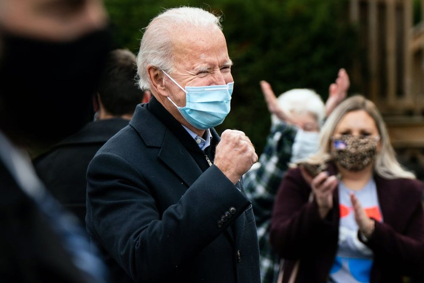 Former Vice President Joe Biden, the Democratic presidential nominee, is greeted by supporters gathered for a campaign event at a union hall in Scranton, Pa., on Election Day morning, Tuesday, Nov. 3, 2020.