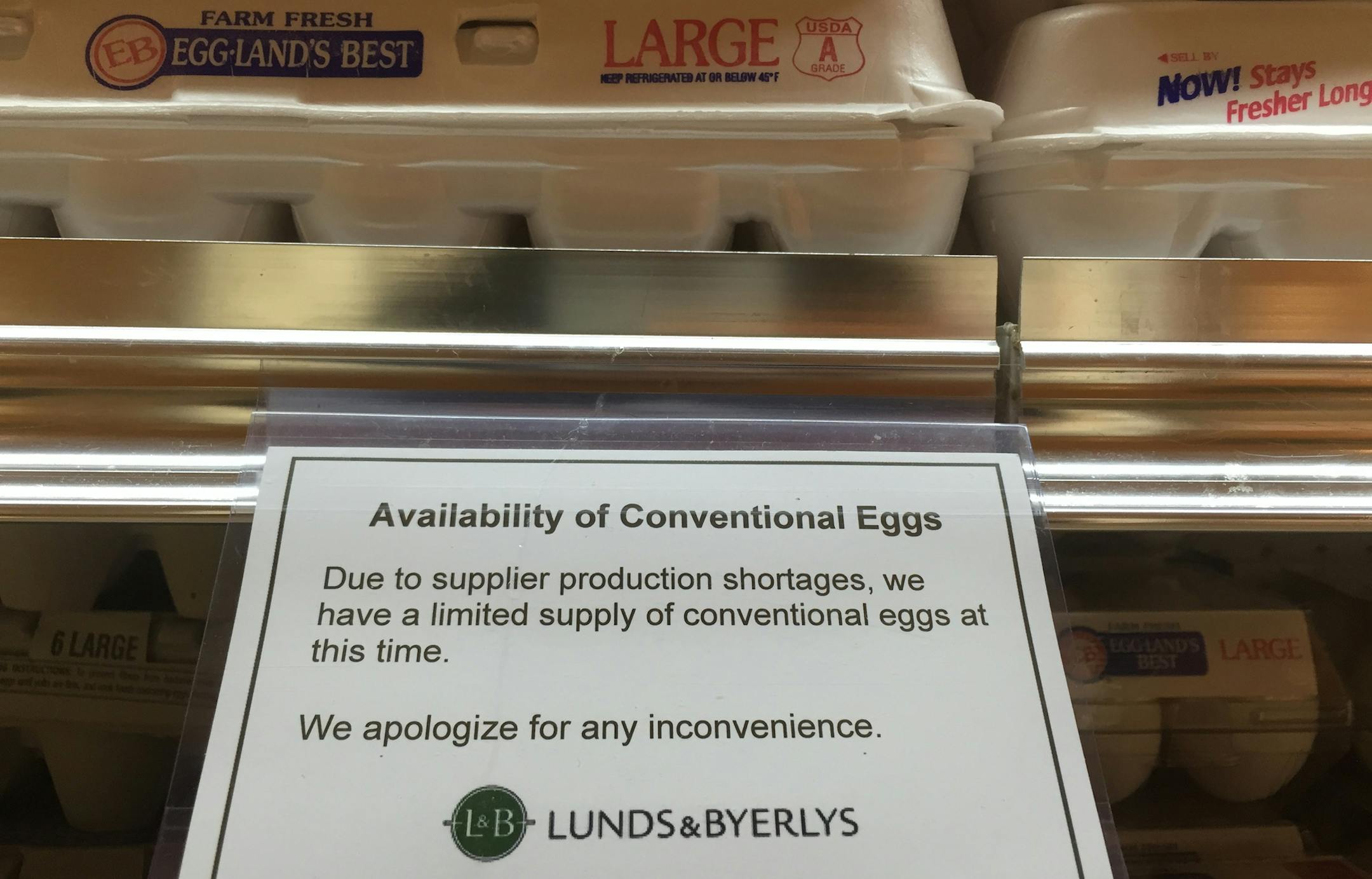 A sign at a Lunds & Byerlys store explained to shoppers the shortage of eggs, which is attributed to bird flu. The outbreak has ravaged flocks across the Midwest.