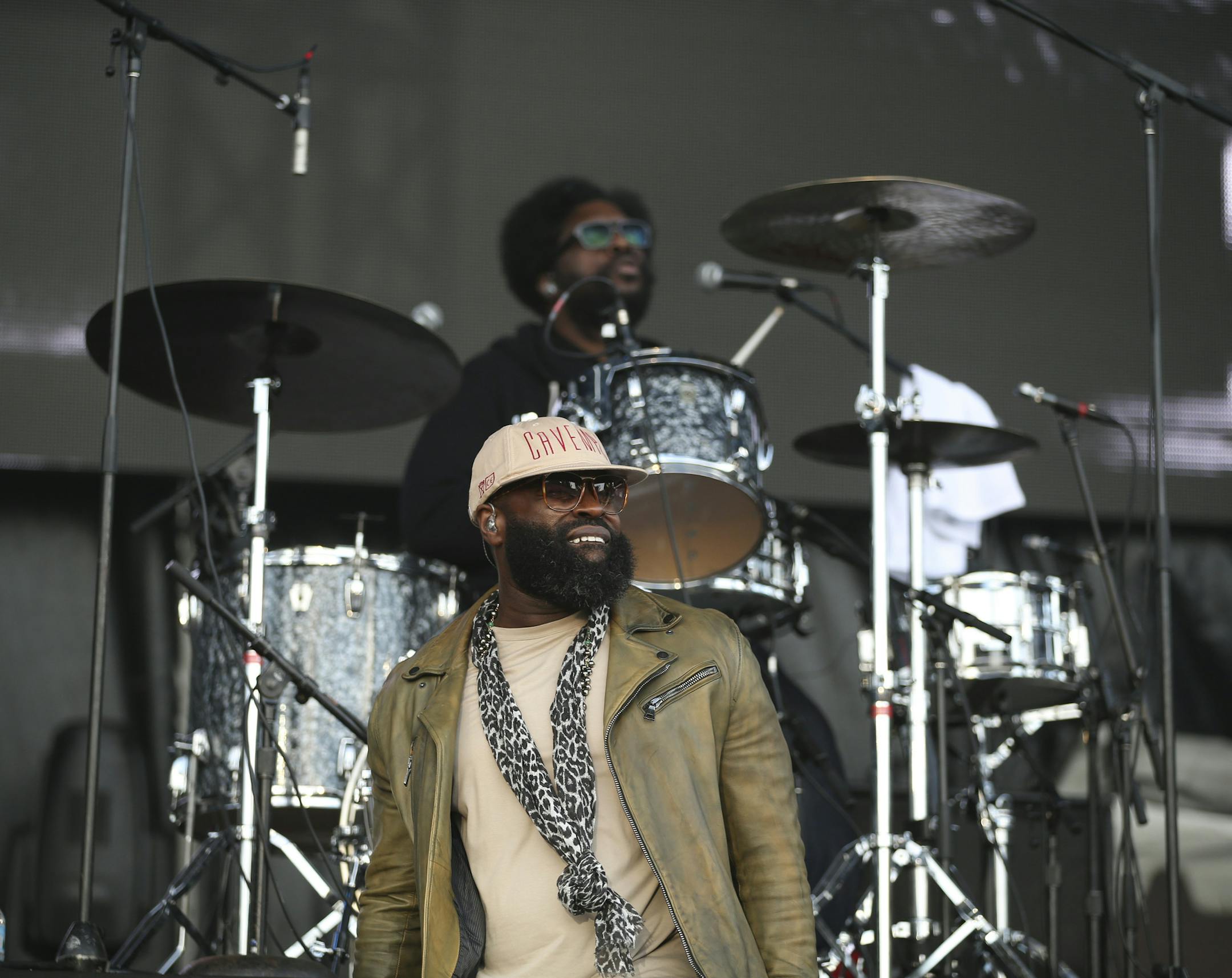 The Roots' Tariq "Black Thought" Trotter lead vocalist, foreground, with drummer Ahmir "Questlove" Thompson on the Main Stage Sunday evening at Soundset 2016. ] JEFF WHEELER • jeff.wheeler@startribune.com The ninth annual Soundset hip-hop festival took place in its new location at the Minnesota State Fairgrounds Sunday, May 29, 2016 in Falcon Heights.