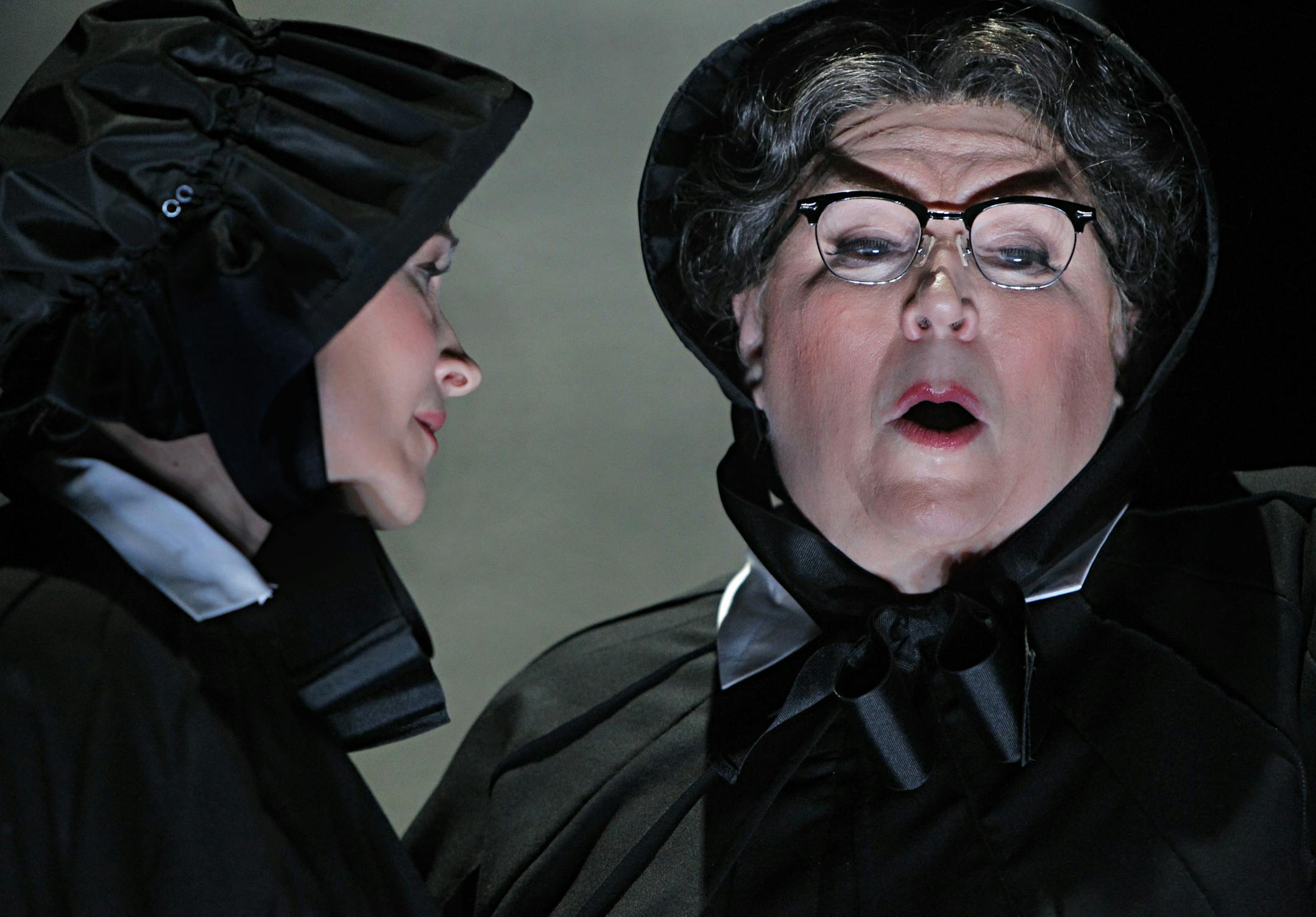 An undated handout photo of Adriana Zabala, left, and Christine Brewer in the Minnesota Opera production of "Doubt." John Patrick Shanley, who wrote the Pulitzer Prize-winning play "Doubt," collaborated with composer Douglas Cuomo on an operatic version of the drama. (Michal Daniel via The New York Times) -- NO SALES; FOR EDITORIAL USE ONLY WITH STORY SLUGGED DOUBT MUSIC REVIEW BY JAMES R. OESTRICH. ALL OTHER USE PROHIBITED. -- ORG XMIT: MIN2013021316293220