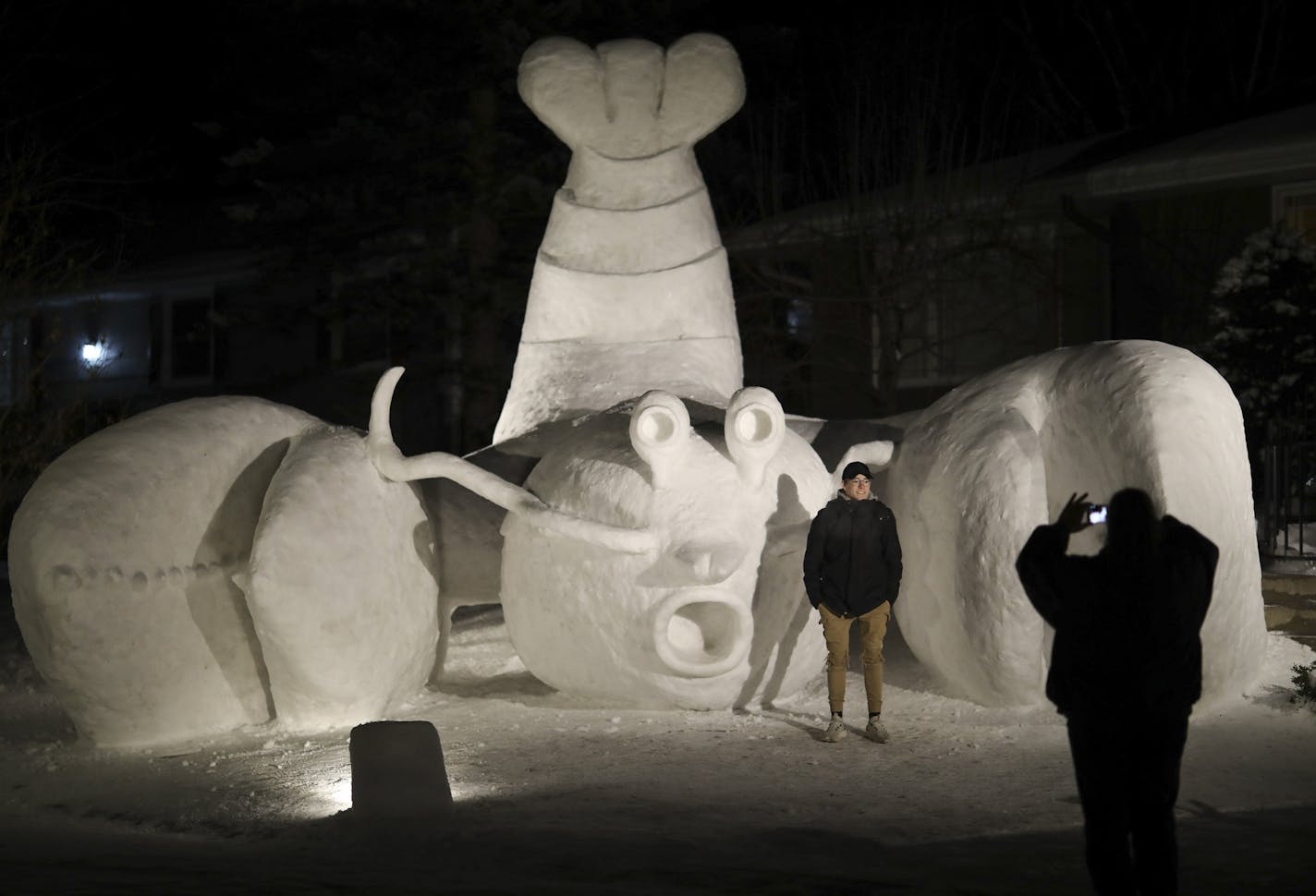 Clemens Roemer, a German exchange student living in Ham Lake, posed for a photo next to Diggs the Lobster Tuesday night. ] JEFF WHEELER &#xef; jeff.wheeler@startribune.com Connor, Trevor and Austin Bartz unveiled their annual front yard snow sculpture Tuesday night, January 16, 2017 in front of their family home on 16th St. NW in New Brighton. They're calling it Diggs the Lobster, after a certain Vikings wide receiver.