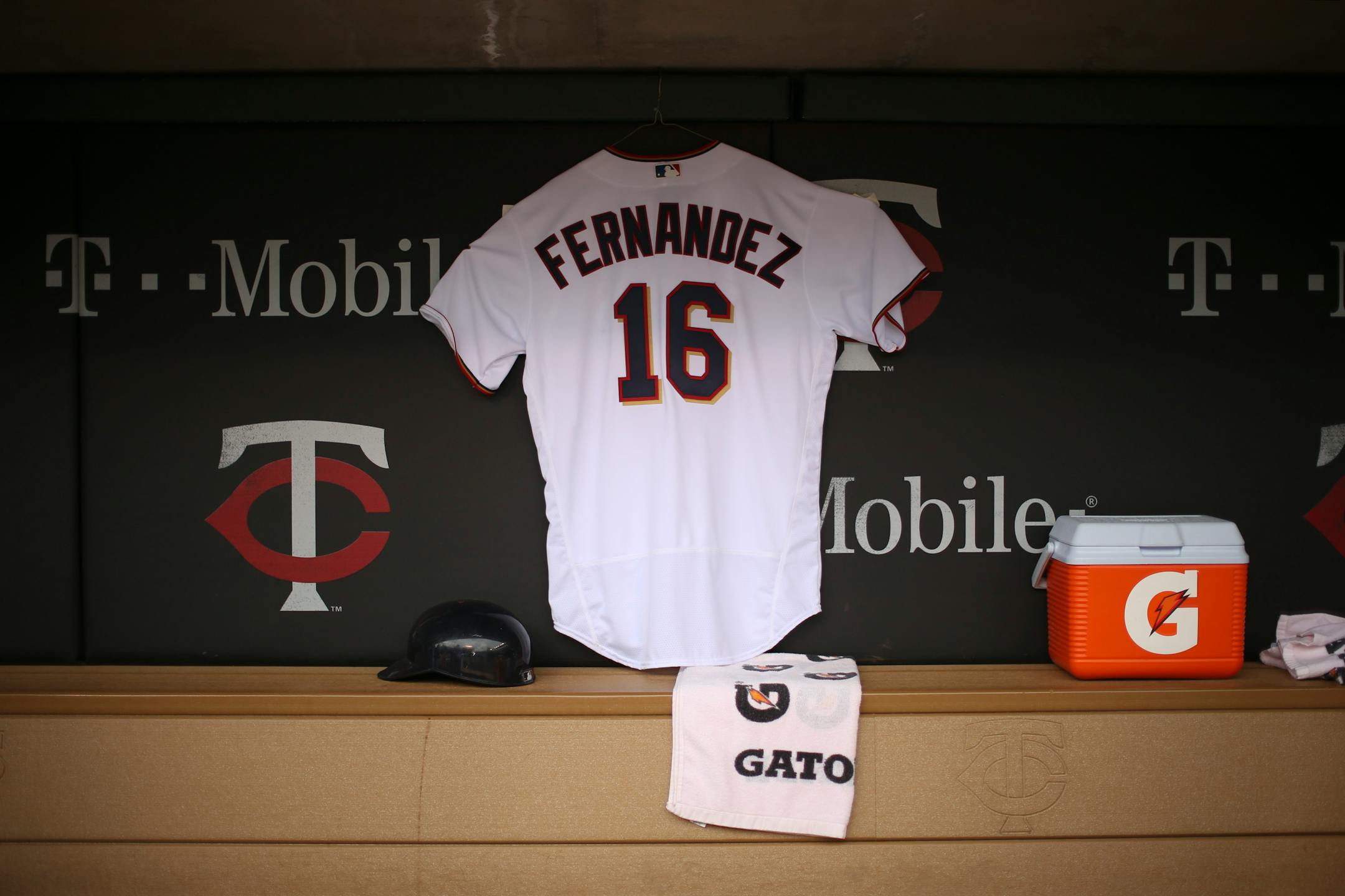 The Twins honored Jose Fernandez, the Florida Marlins pitcher who died in a boating accident last night, with a jersey hung in the dugout during the game with Seattle. ] JEFF WHEELER � jeff.wheeler@startribune.com The Minnesota Twins faced the Seattle Mariners in the their final game of their series Sunday afternoon, September 25, 2016 at Target Field in Minneapolis.