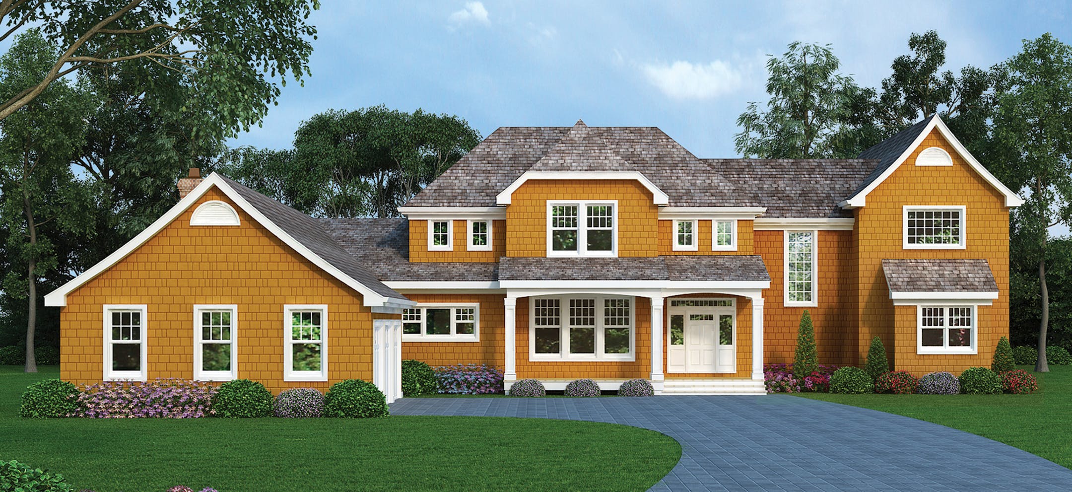 This two-story Colonial-style plan is designed for a large family, with a full master suite on the first floor and another upstairs. For home plan 011115