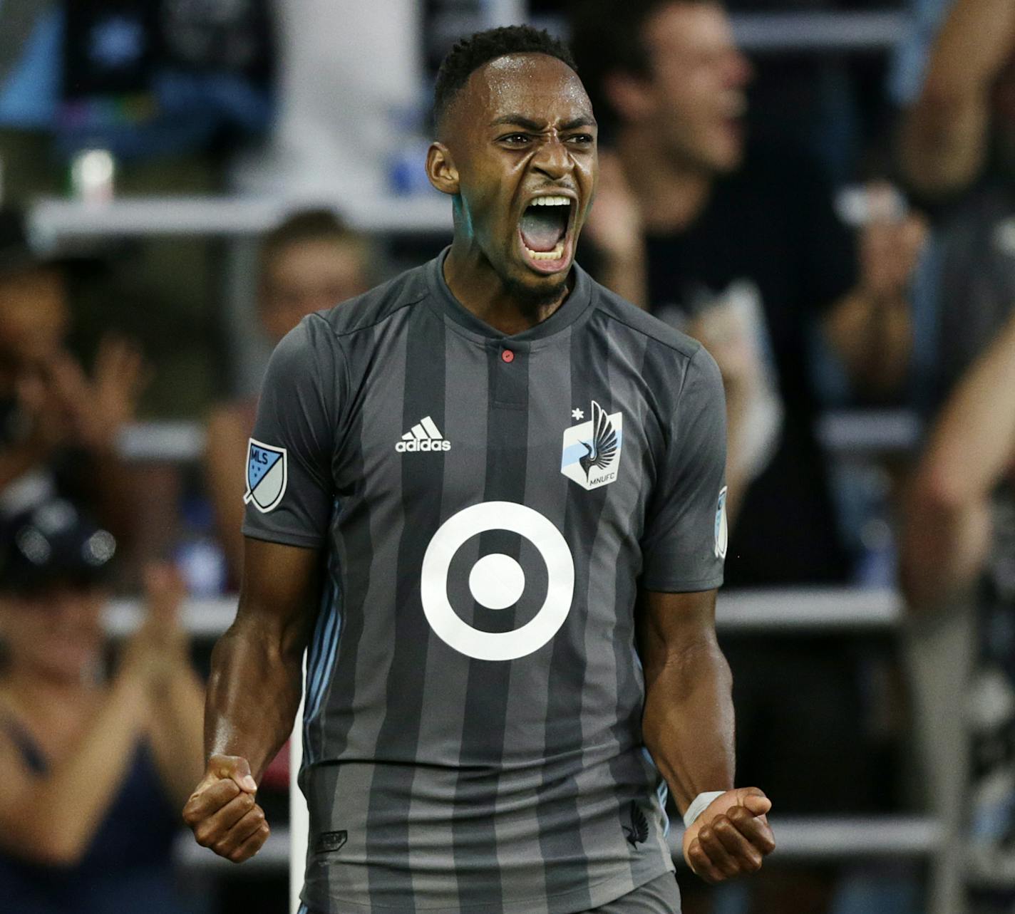 Minnesota United forward Mason Toye celebrate his goal against the Portland Timbers during the second half of a U.S. Open Cup soccer semifinal Wednesday, Aug. 7, 2019, in St. Paul, Minn. (AP Photo/Andy Clayton- King)