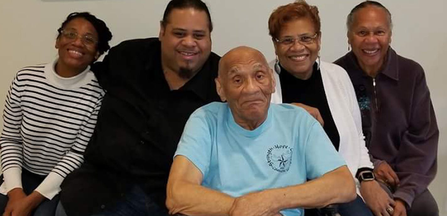 Kenneth Bowser, middle, visits with, from left, grandchildren Tonya Cotton and Mark Cotton and daughters Sharon Van Leer and Janet Bowser at a locked forensic nursing home in St. Peter, Minn., in 2016. He was sent to the home after he fatally shot his son and caretaker, Larry, in 2015, and was deemed unfit to stand trial because of his dementia. (Courtesy of Sharon Van Leer/TNS) ORG XMIT: 1234574