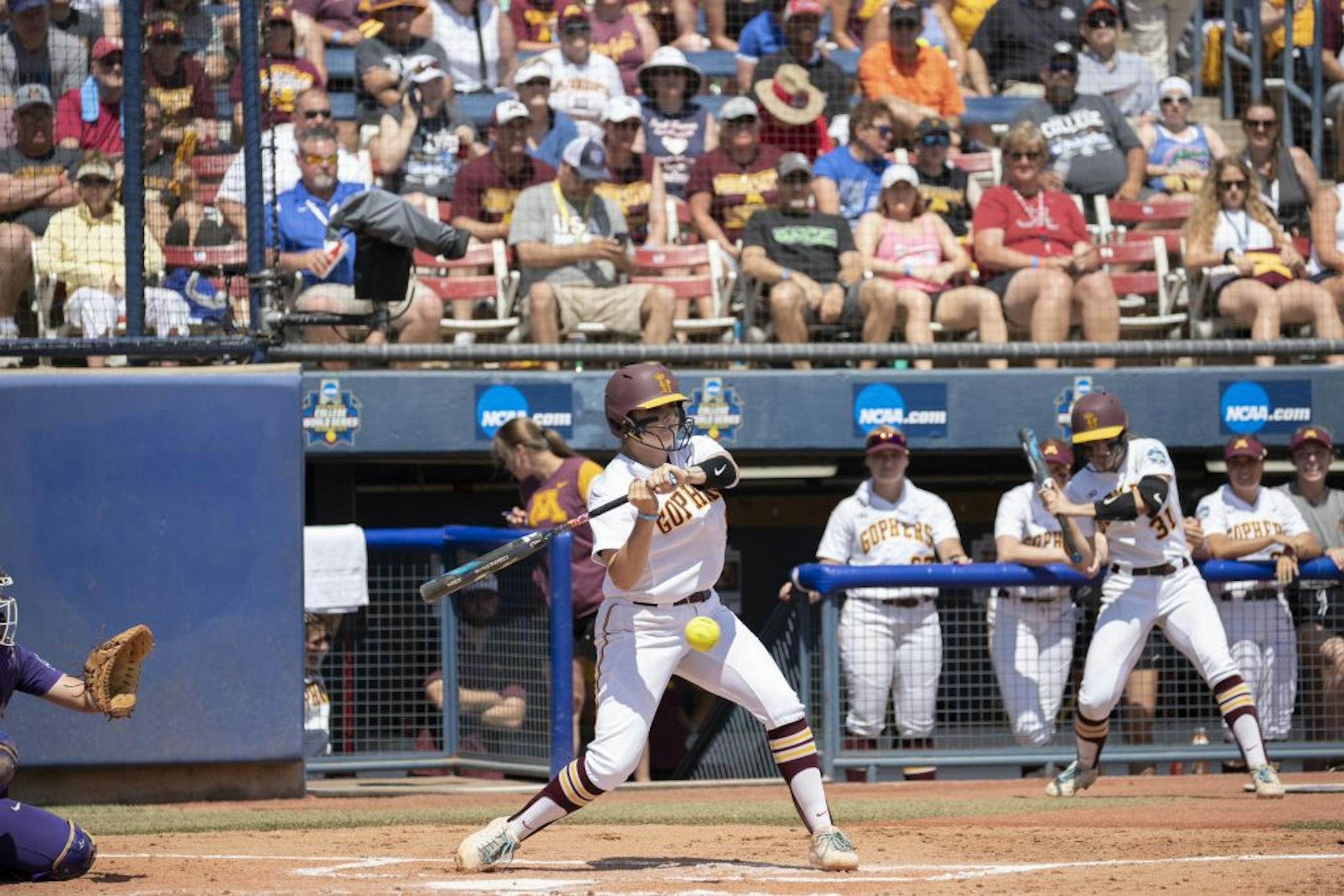 Minnesota against Washington during the Women's College World Series at ASA Hall of Fame Stadium in Oklahoma City on Saturday, June 1, 2019. Photo by: Alonzo J. Adams