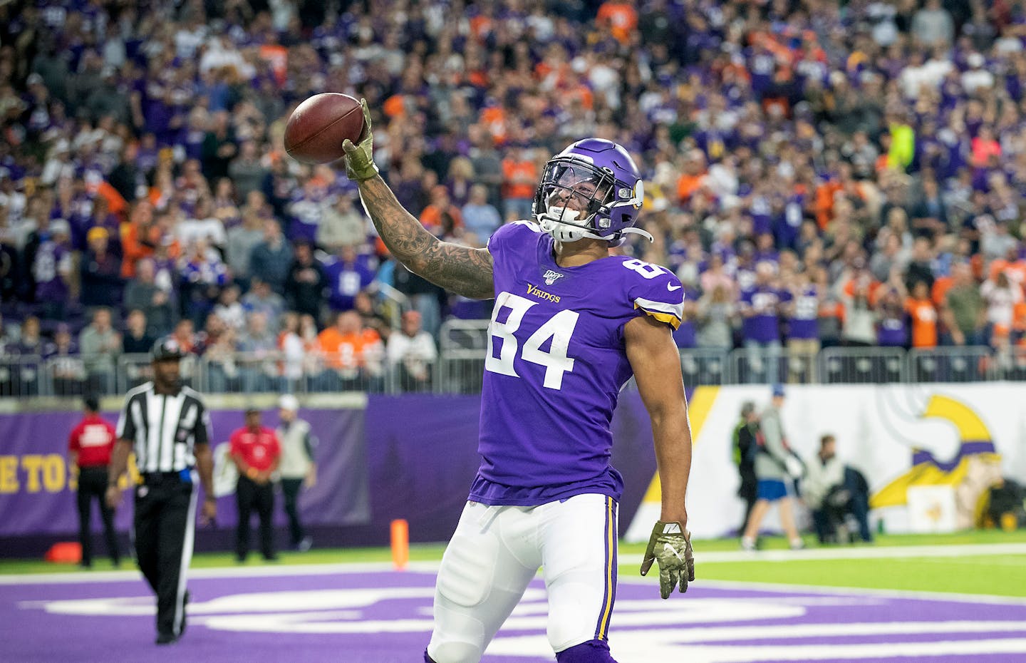 Vikings tight end Irv Smith celebrated a touchdown against Denver last season.