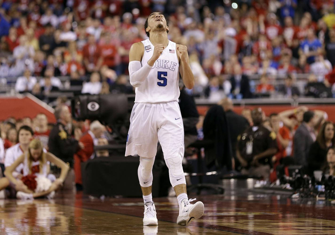 Tyus Jones celebrates last year's NCAA championship for Duke.