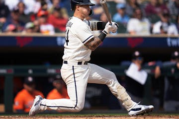 Minnesota Twins third baseman Jose Miranda (64) strikes out in the 4th inning Sunday April 9, 2023 in Minneapolis.