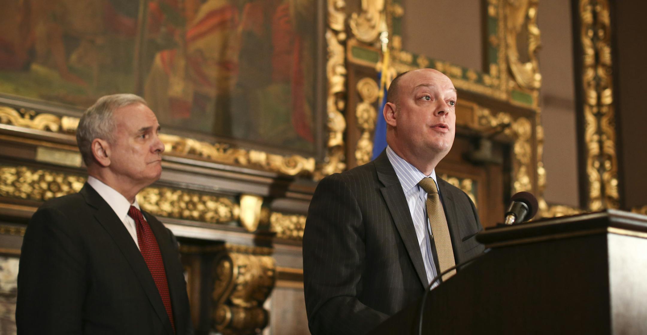 Gov. Mark Dayton and MNsure interim CEO Scott Leitz spoke at a press conference at the State Capitol in St. Paul, Minn., on Friday, March 28, 2014. (RENEE JONES SCHNEIDER &#x2022; reneejones@startribune.com) ORG XMIT: MIN1403281415060321