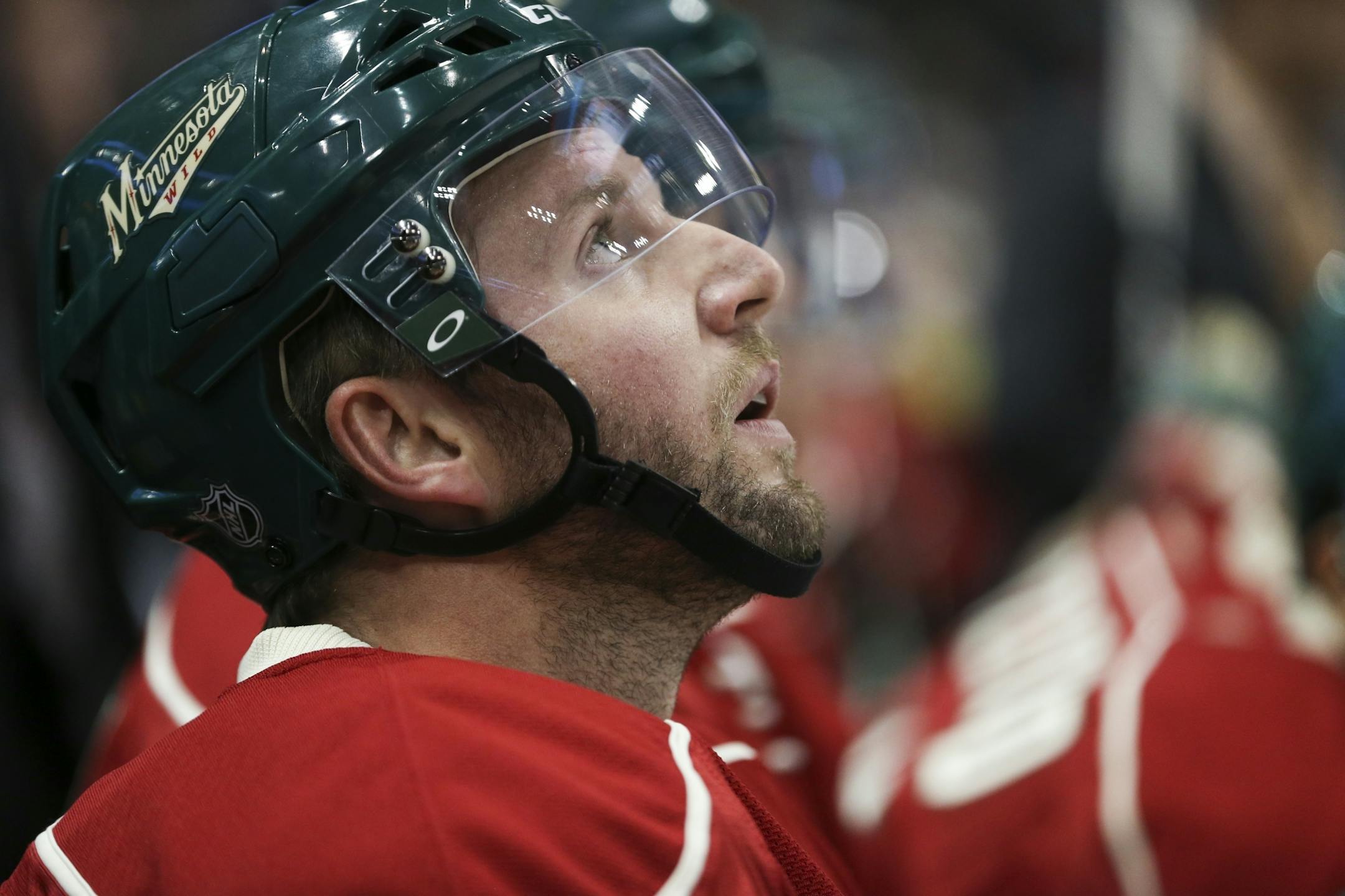 Wild left wing Thomas Vanek in the bench during the Minnesota Wild vs. the Pittsburgh Penguins pre-season NHL game at the Xcel Energy Center on Monday, September 29, 2014 in St. Paul, Minn.