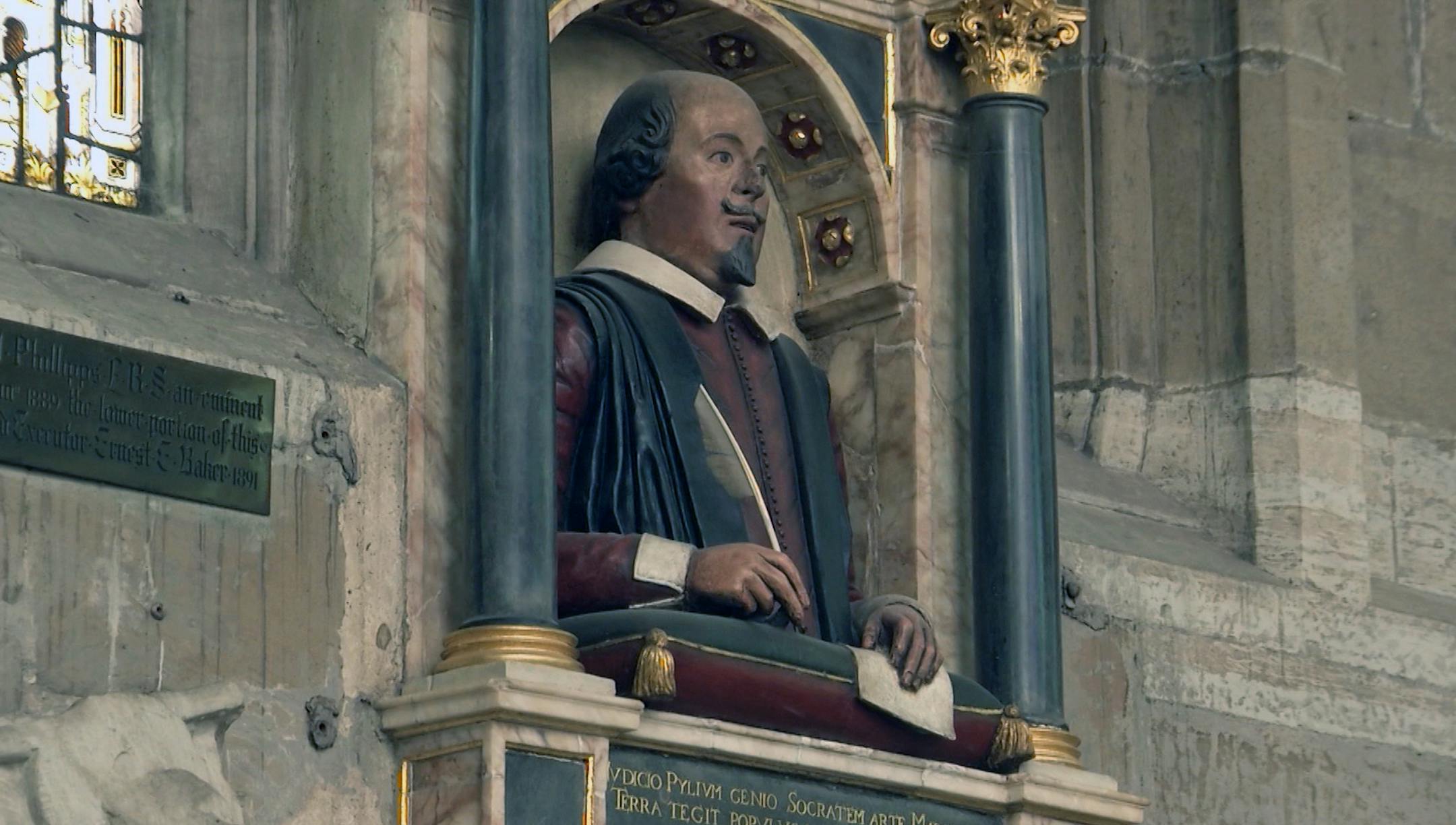 This April 12, 2016 photos shows a bust of William Shakespeare which sits above the famous British playwright's grave at Holy Trinity Church in Stratford-upon-Avon, England. 400 years after his death, Shakespeare's fame continues to take Stratford-upon-Avon to new heights. (AP Photo/James Brooks) ORG XMIT: MIN2016042610502526