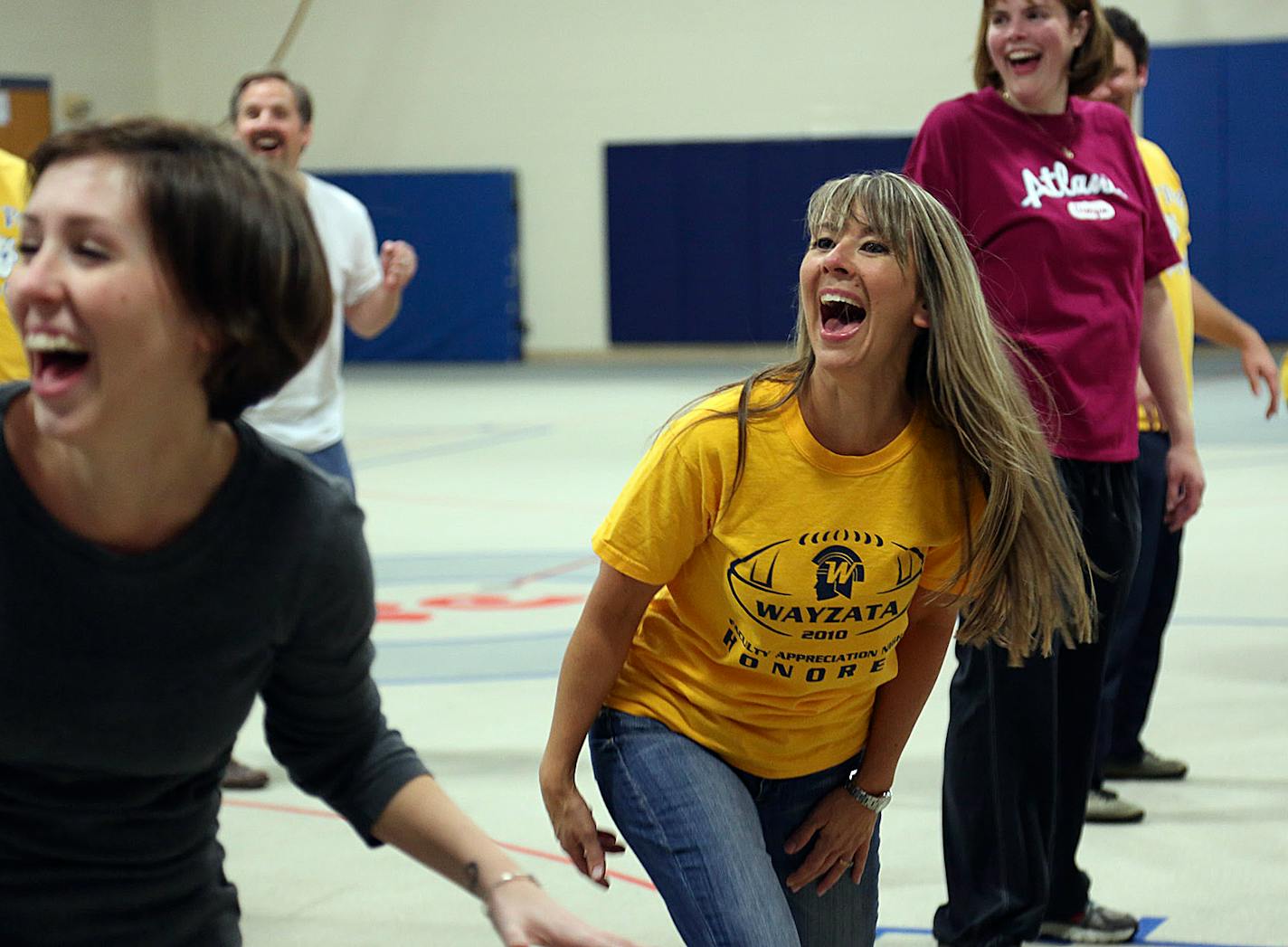 Jane Panning-Miller, third and fourth grade teacher, laughed along with the rest of the teachers at Plymouth Creek Elementary after forgetting the next move from the Michael Jackson Thriller video in Plymouth Min., Friday October 5, 2012. ] (KYNDELL HARKNESS/STAR TRIBUNE) kyndell.harkness@startribune.com