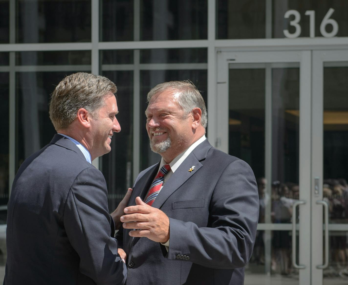 House Speaker Kurt Daudt and Senate Majority Leader Tom Bakk, greeted each other outside the Federal Courthouse in St. Paul, MN before Bakk spoke with the media. ] GLEN STUBBE * gstubbe@startribune.com Monday, August 10, 2015 U.S. Judge Donovan Frank met with Gov. Mark Dayton, Senate Majority Leader Tom Bakk, House Speaker Kurt Daudt and other legislative leaders to find a solution for the Minnesota Sex Offender Program.