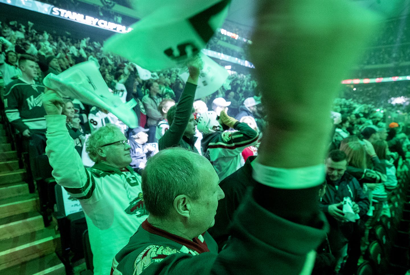 Fans cheered before the start of the game. ] CARLOS GONZALEZ &#xef; cgonzalez@startribune.com &#xf1; April 15, 2018, St. Paul, MN, Xcel Energy Center, NHL, Stanley Cup Playoffs &#xf1; Game 3, Minnesota Wild vs. Winnipeg Jets