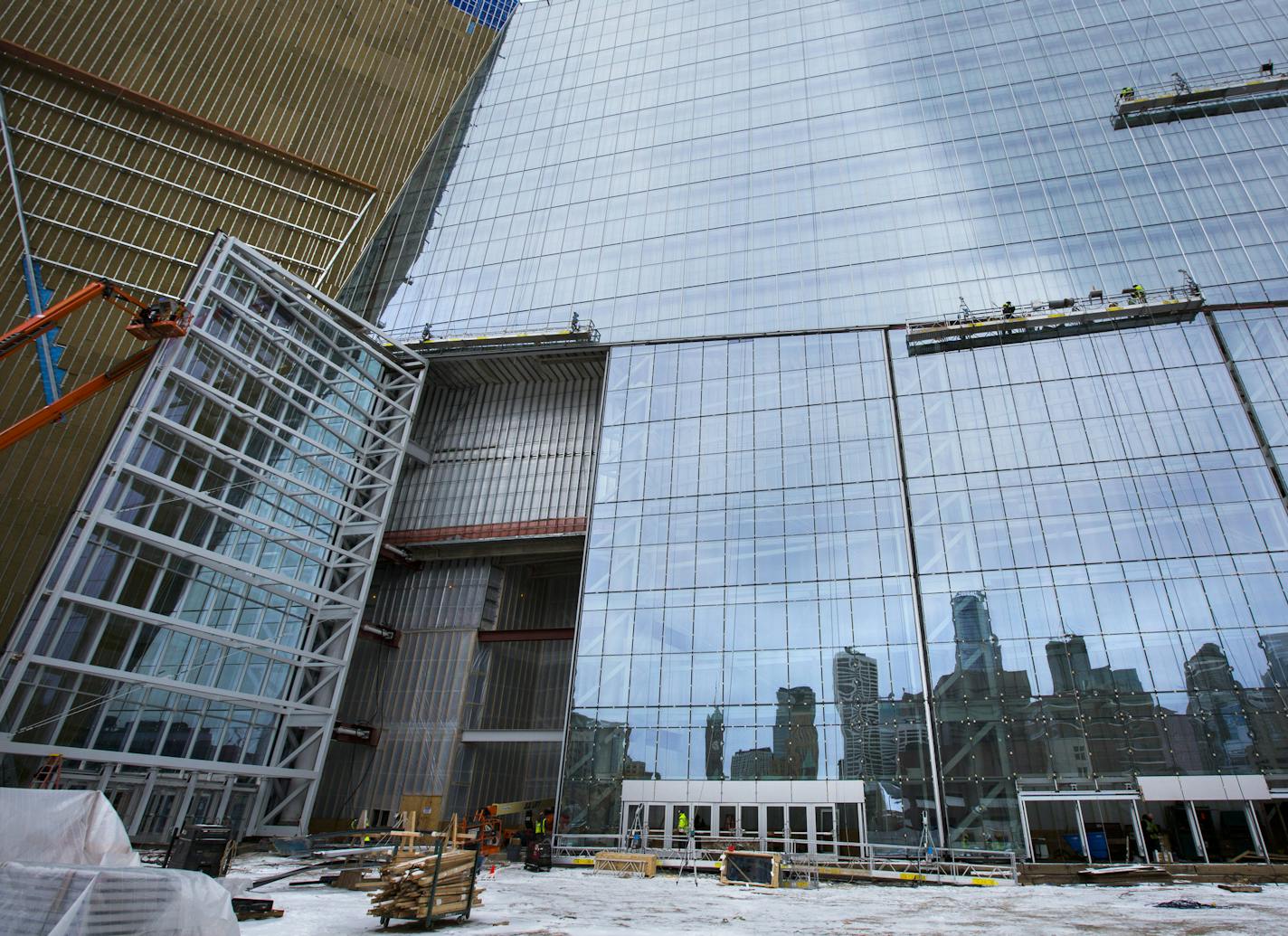 All five hydraulic pivoting glass doors on the stadium&#xed;s west side have been installed. The largest of the doors was opened so workers can install the final seals, The biggest door, which is 50 feet by 95 feet, will be closed Friday. . ] Brian.Peterson@startribune.com Minneapolis, MN - 01/26/2016