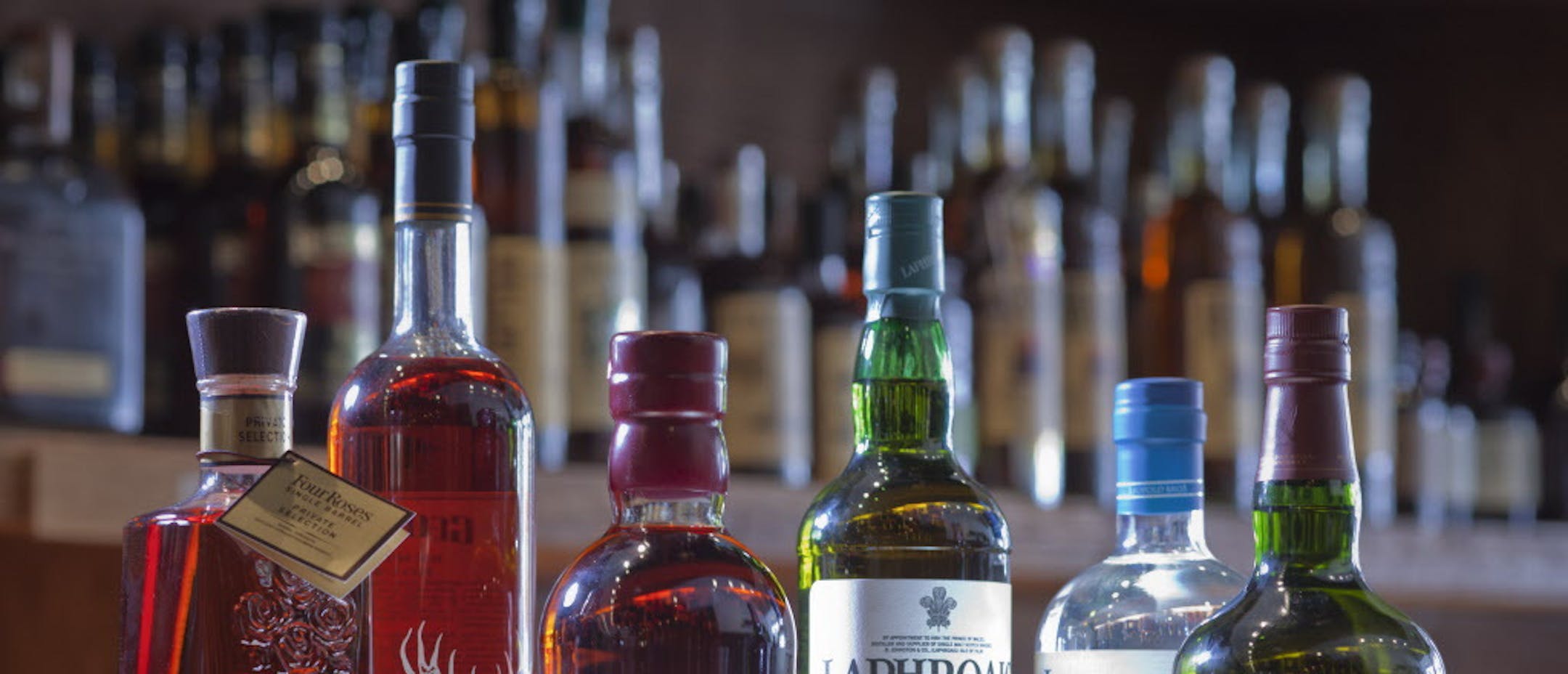A bottle of George T. Stagg, second from left, with other whisky sold at Cask in San Francisco, April 9, 2012. At Cask, a liquor store run by the people who own the city's high-end cocktail bars, Rickhouse and Bourbon & Branch, the spirit most coveted by customers is George T. Stagg, a limited-production bourbon that can exceed 70 percent alcohol. From left: Four Roses-Single Barrel Kentucky Straight Bourbon, George T. Stagg-Kentucky Straight Bourbon Whisky, Aberlour -Highland Single Malt Scotch